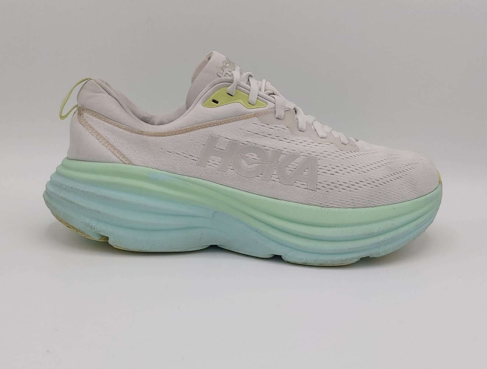 Hoka Bondi 8 running shoes, UK 8.5, excellent condition maximum cushioned footwear.