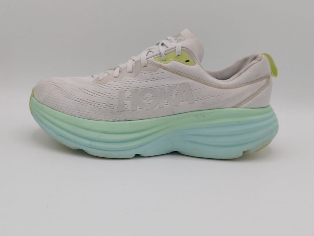 Hoka Bondi 8 running shoes, UK 8.5, excellent condition maximum cushioned footwear.