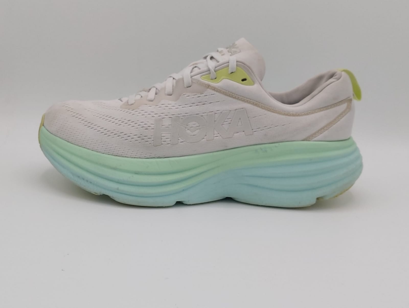 Hoka Bondi 8 running shoes, UK 8.5, excellent condition maximum cushioned footwear.