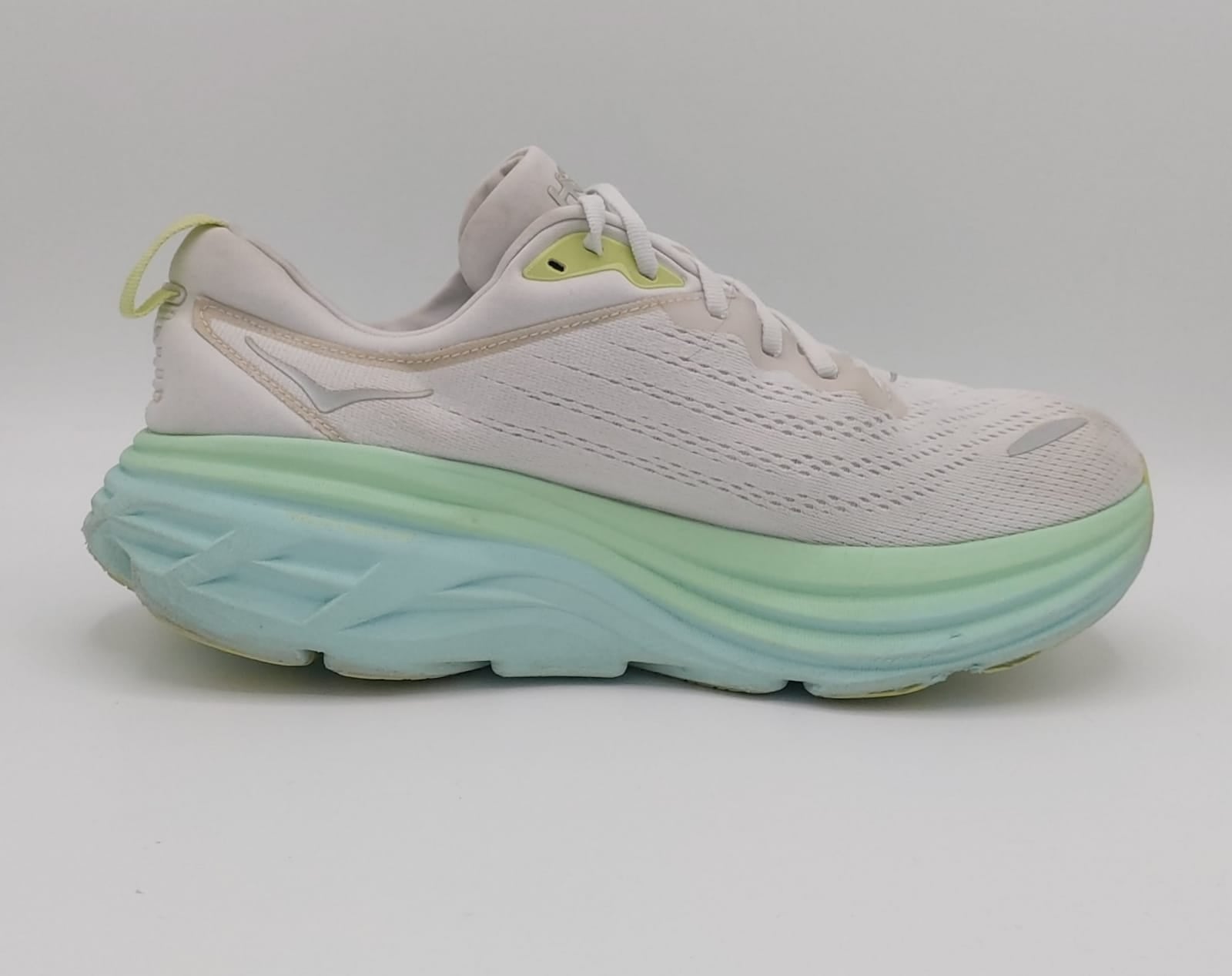 Hoka Bondi 8 running shoes, UK 8.5, excellent condition maximum cushioned footwear.