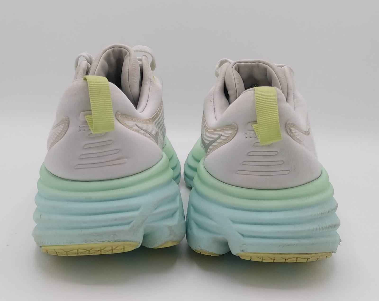 Hoka Bondi 8 running shoes, UK 8.5, excellent condition maximum cushioned footwear.
