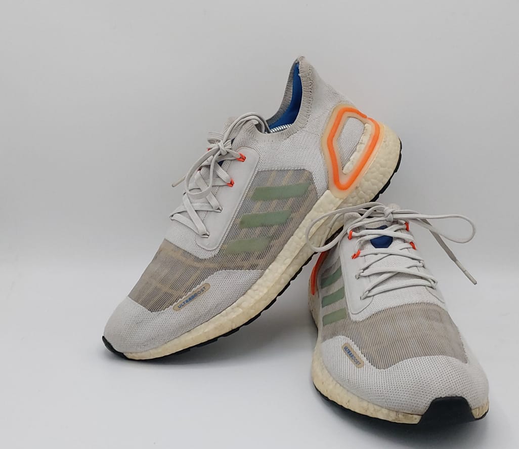 Adidas Ultraboost shoes, US 10.5 UK 10, excellent condition cushioned performance footwear.