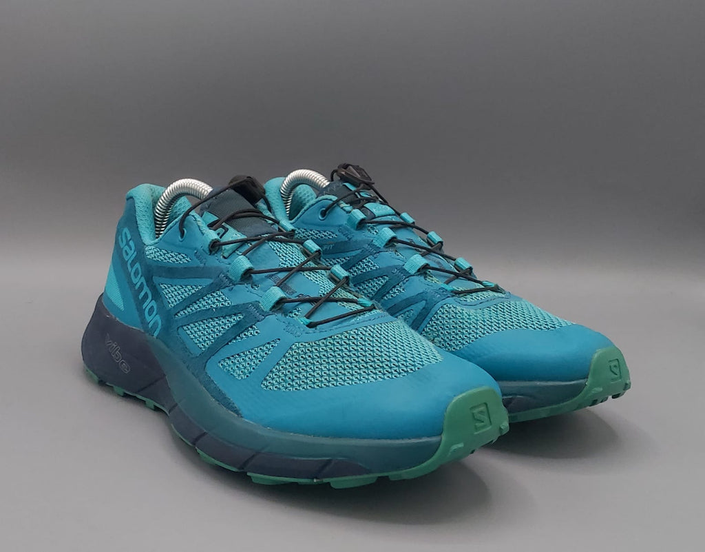 Salomon Sense Ride trail shoes, US 7 UK 5.5 EUR 38.5, good condition cushioned outdoor footwear.
